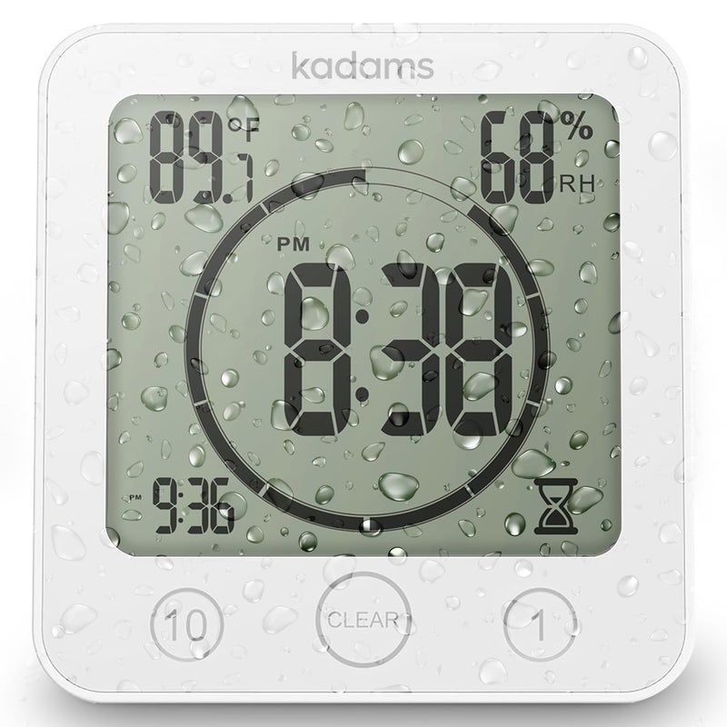 KADAMS Shower Clock Waterproof Bathroom Timer â€“ Digital Wall Clock with Countdown, Magnetic Kitchen Clock with Temperature & Humidity, Suction Cup for Kids Shower Spa Sauna Cook Bath, White - Image 1